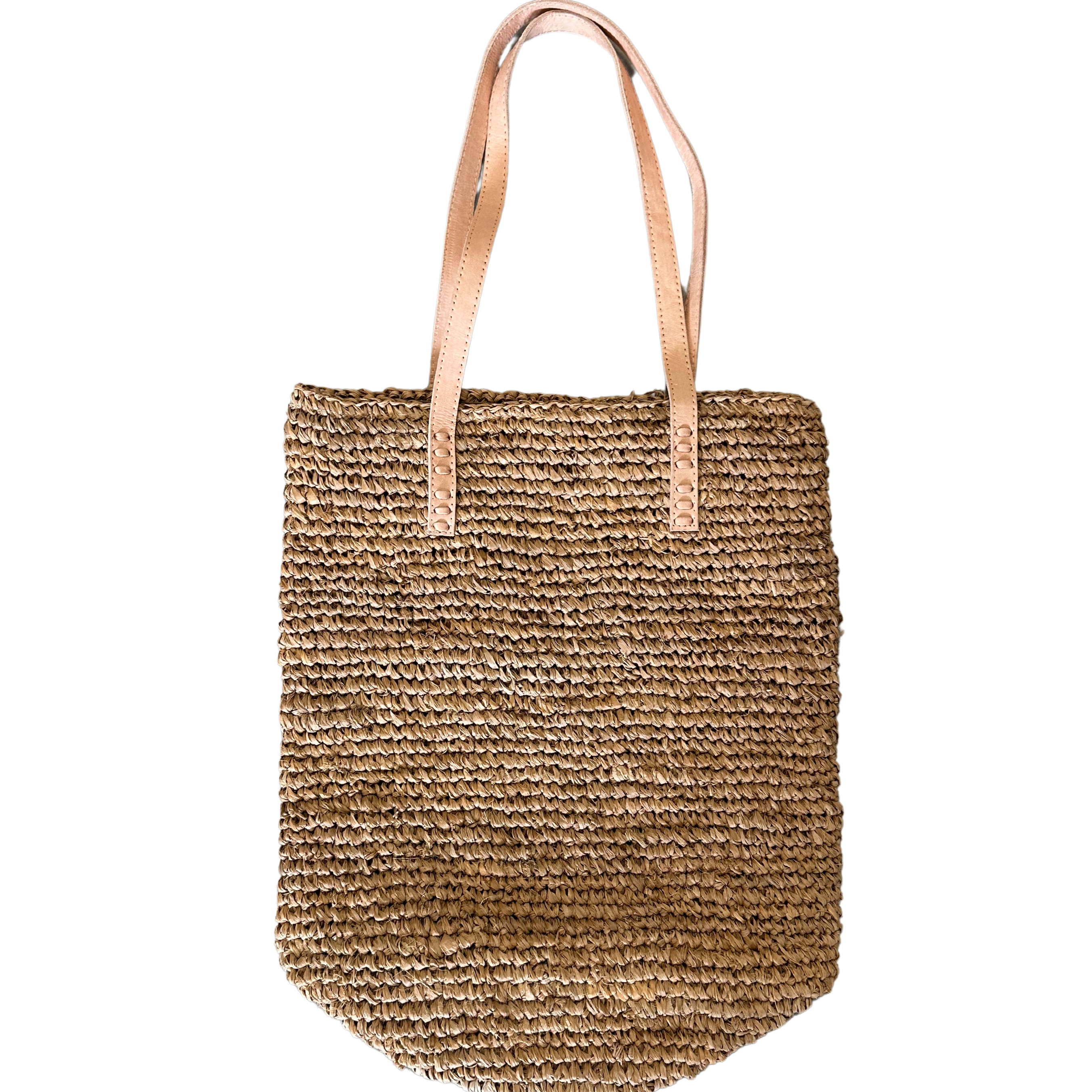 Flettet taske i raffia med læderremme - nude