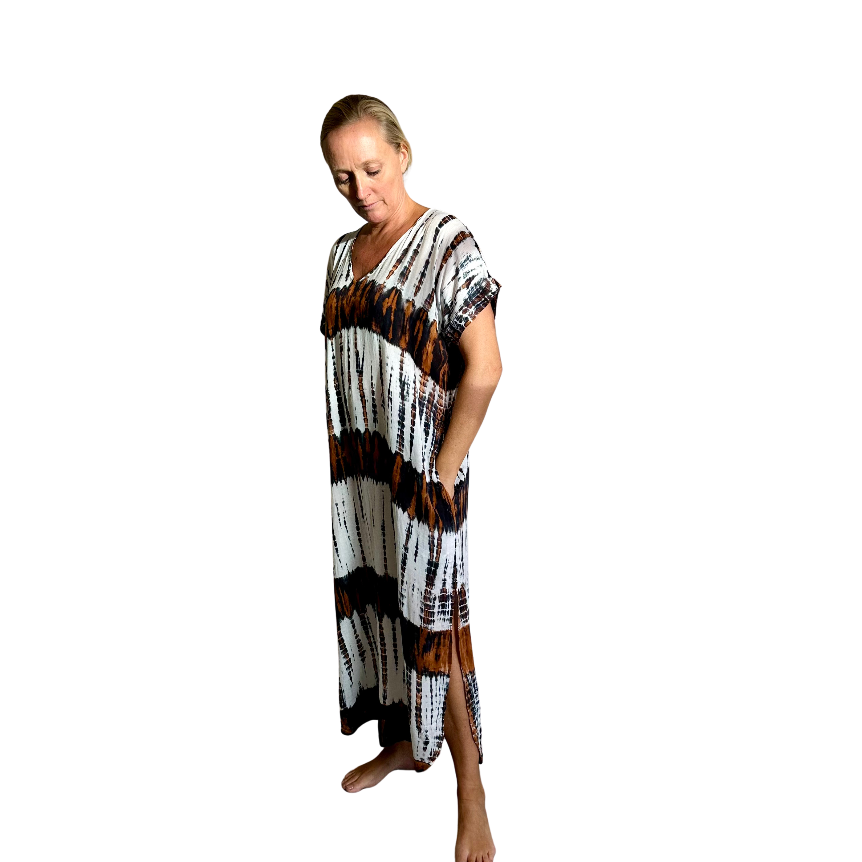 Kaftan/kjole i Tie Dye - brun/svart