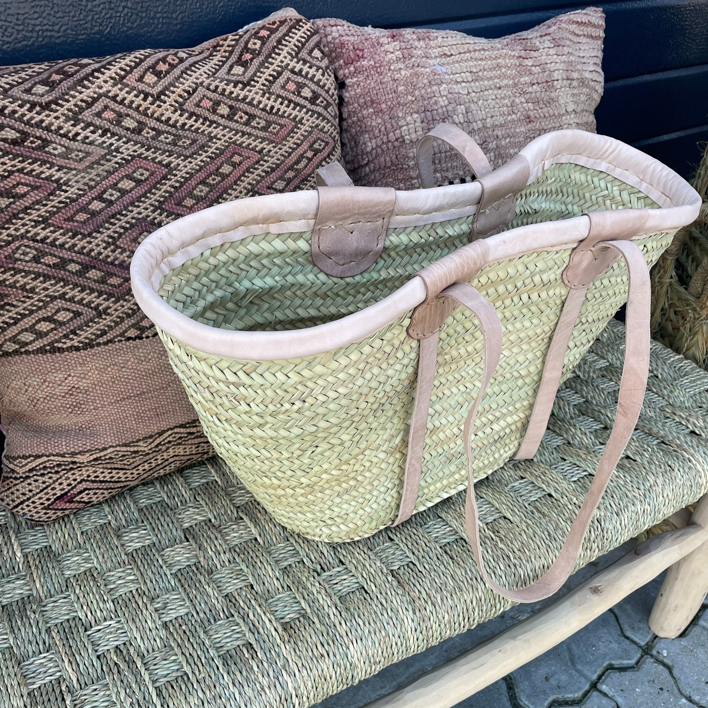 Basket with leather straps - 50 cm. at the top.