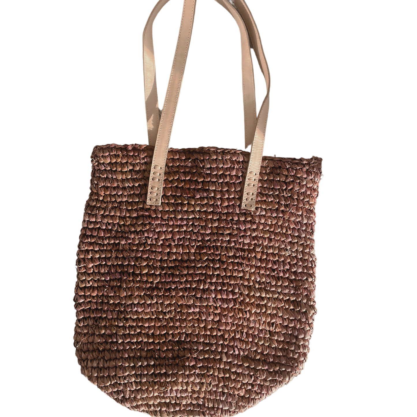 Braided bag in raffia with leather straps - brown